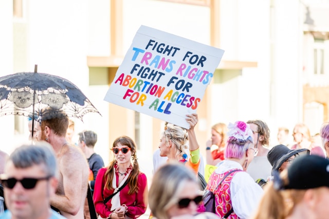 Protest signs reading Fight for Trans Rights and Fight for Abortion Access for All